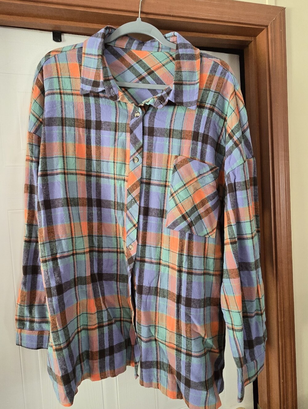 Womens Plaid Button-Up Shirt in Teal, Orange & Purple